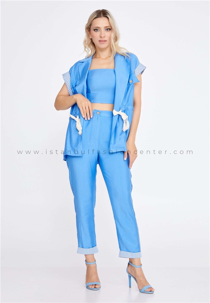 FAVORİShort Sleeve Crepe Solid Color Regular Blue Two-Piece Outfit Fav25226ind