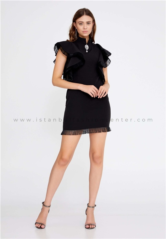 RENGINShort Sleeve Mini Crepe Column Regular Black Cocktail Dress Ren7100syh