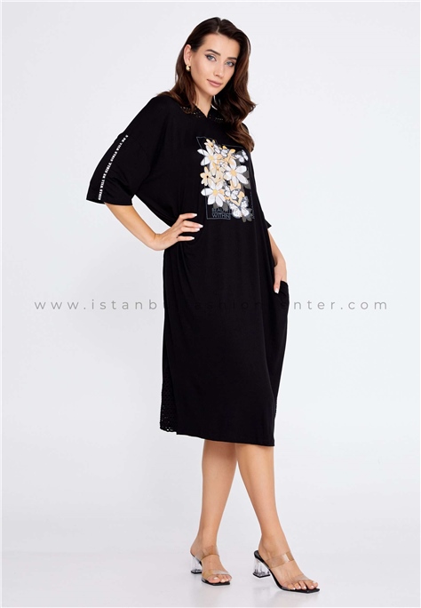 COCOONShort Sleeve Midi Crepe Floral Regular Black Lounge Dress Ccnj2-2519org