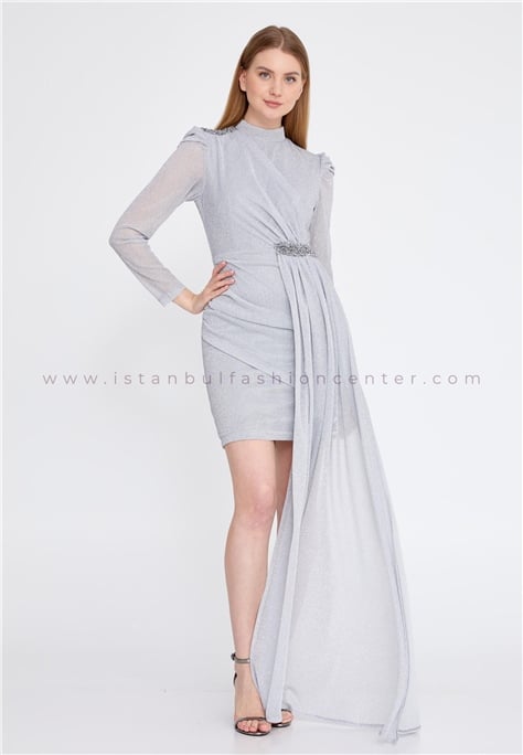 Long Sleeve Mini Lycra Column Regular Silver Evening Dress Ely4340slv