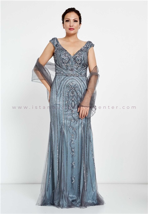 ERENTÜL Sleeveless Maxi Tulle Column Regular Grey-Blue Prom Dress Ern1265grm