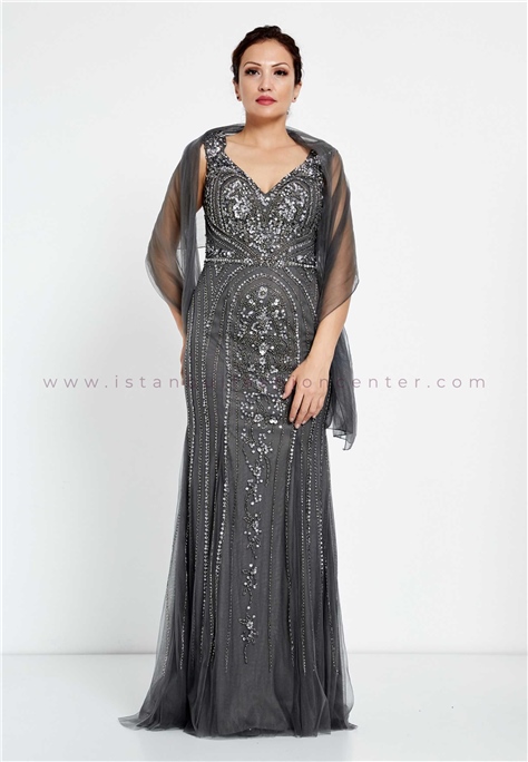 ERENTÜL Sleeveless Maxi Tulle Column Regular Grey Prom Dress Ern1265dgr