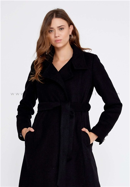 ESSWAAPWool Solid Color Regular Black Coat Esw2328886syh