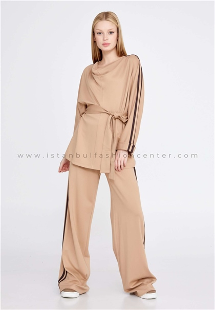FAVORİLong Sleeve Cotton Solid Color Regular Beige Two-Piece Outfit Fav30059bej