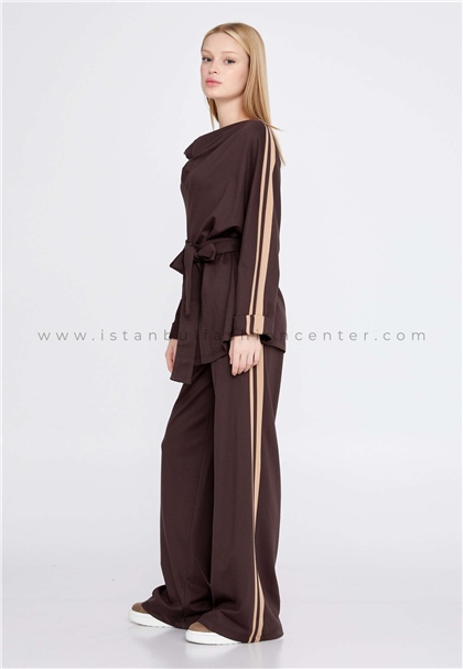 FAVORİLong Sleeve Cotton Solid Color Regular Brown Two-Piece Outfit Fav30059khv