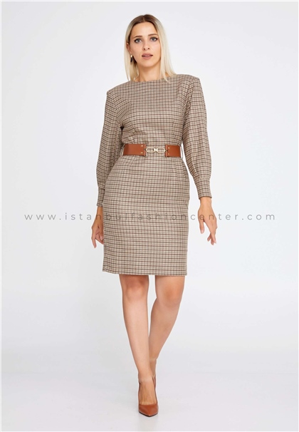 MEESCrepe Column Long Sleeve Midi Regular Brown-Beige Casual Dress Mes04167khv