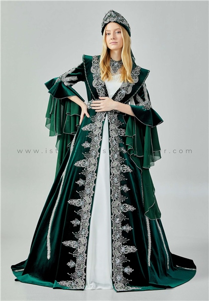 NUR MODA KAFTAN & BİNDALLIMid-Length Maxi Velvet Regular Green Engagement Dress Nmd2155ysl