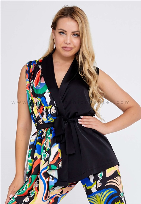 WM NELSSleeveless Satin Printed Regular Black-Multicolor Two-Piece Outfit Wmn22s-40-40270syh