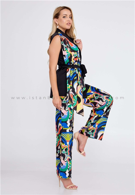 WM NELSSleeveless Satin Printed Regular Black-Multicolor Two-Piece Outfit Wmn22s-40-40270syh